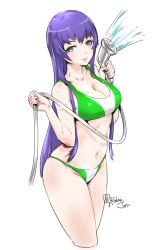 Rule 34 | 1girl, :p, artist name, bare arms, bare shoulders, bikini, blue eyes, breasts, busujima saeko, cleavage, closed mouth, collarbone, cropped legs, green bikini, highschool of the dead, holding, hose, large breasts, long hair, navel, purple hair, relaxjon, signature, simple background, skindentation, smile, solo, stomach, straight hair, sweat, swimsuit, thighs, tongue, tongue out, very long hair, water, wet, white background