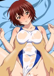 Rule 34 | 1boy, 1girl, blue one-piece swimsuit, blush, brown eyes, clothing aside, competition swimsuit, grabbing, grabbing another&#039;s breast, groping, hair between eyes, hetero, highres, implied sex, looking at viewer, one-piece swimsuit, open mouth, original, pov, red hair, short hair, solo, swimsuit, swimsuit aside, two-tone swimsuit, wet, wet clothes, wet swimsuit, white one-piece swimsuit, yuuyuu (3jjbn)