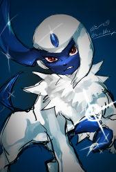 Rule 34 | absol, animal focus, artist name, blue background, claws, clenched teeth, creatures (company), game freak, gen 3 pokemon, glint, hand up, highres, ka ei volltis, looking at viewer, nintendo, no humans, pokemon, pokemon (creature), red eyes, short hair, sidelocks, signature, simple background, sketch, solo, standing, teeth, twitter username, white hair