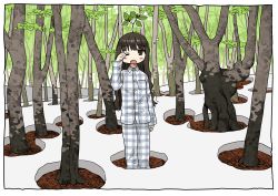 Rule 34 | 1girl, arm up, black eyes, black hair, blush, highres, leaf, long hair, looking at viewer, one eye closed, open mouth, original, outdoors, plaid pajamas, plant on head, solo, tree, zinbei