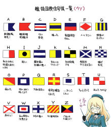 Rule 34 | 10s, 1girl, :d, ^ ^, ascot, atago (kancolle), beret, bespectacled, black gloves, blonde hair, closed eyes, ebifly, glasses, gloves, hat, kantai collection, long hair, long sleeves, military, military uniform, open mouth, signal flag, simple background, smile, solo, translation request, uniform, white background