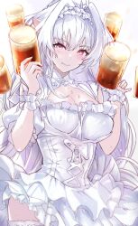 Rule 34 | 1girl, ahoge, alcohol, bare shoulders, beer, beer mug, breasts, cleavage, cleavage cutout, clothing cutout, corset, cup, dirndl, dress, fate/grand order, fate (series), german clothes, highres, kaji zarame, long hair, looking at viewer, medium breasts, merlin (fate/prototype), mug, pointy ears, red eyes, scrunchie, smile, solo, tongue, tongue out, very long hair, white dress, white hair, wrist scrunchie