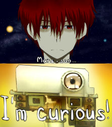 Rule 34 | 1boy, closed mouth, curiosity (mars rover), curious, english text, expressionless, hair between eyes, hyouka, mars (planet), nasa, parody, personification, pun, red eyes, red hair, style parody, text focus, upper body