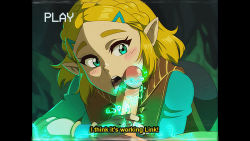 Rule 34 | 1boy, 1girl, aura, blonde hair, braid, crown braid, dirty ero, energy, english text, erection, fake screenshot, fellatio, fingerless gloves, gloves, glowing, green eyes, handjob, hetero, highres, licking, licking penis, magic, nintendo, open mouth, oral, penis, pillarboxed, pointy ears, princess zelda, retro artstyle, solo focus, subtitled, teeth, the legend of zelda, the legend of zelda: breath of the wild, the legend of zelda: tears of the kingdom, tongue, tongue out, uncensored, upper teeth only, vhs artifacts