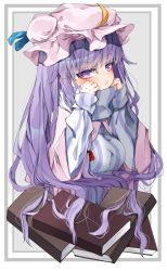 Rule 34 | 1girl, absurdres, blush, book, breasts, crescent, crescent hat ornament, dress, hat, hat ornament, highres, large breasts, long hair, long sleeves, mob cap, patchouli knowledge, purple dress, purple eyes, purple hair, purple hat, solo, striped clothes, striped dress, touhou, tsune (tune), upper body, vertical-striped clothes, vertical-striped dress