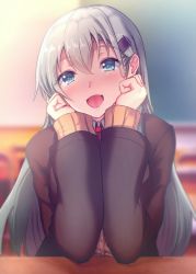 Rule 34 | 1girl, aqua hair, blazer, blue eyes, blurry, blurry background, blush, classroom, commentary request, elbow rest, gin&#039;ichi (akacia), hair between eyes, hair ornament, hairclip, head rest, indoors, jacket, kantai collection, long hair, long sleeves, open mouth, red neckwear, solo, suzuya (kancolle)