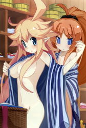 Rule 34 | 2girls, :/, ahoge, attouteki yuugi mugen souls, attouteki yuugi mugen souls z, basket, blonde hair, blue eyes, blush, body blush, breasts, brown hair, censored, unworn clothes, convenient censoring, groin, hair censor, hair ornament, hair over breasts, hair scrunchie, highres, large breasts, long hair, looking at another, multiple girls, nanameda kei, nao (mugen souls), navel, non-web source, off shoulder, official art, ponytail, robe, scrunchie, shelf, shilma (mugen souls), small breasts, striped, undressing, very long hair