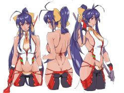 Rule 34 | 1girl, absurdres, antenna hair, arc system works, arm up, ass, back, backless outfit, black pants, blazblue, blazblue: central fiction, blazblue variable heart, blue hair, blush, bow, breasts, butt crack, cowboy shot, cropped legs, fingerless gloves, from behind, from side, genderswap, genderswap (mtf), gloves, groin, hair between eyes, hair bow, halterneck, hand in own hair, hesuke, highres, holding, holding weapon, large breasts, long hair, looking at viewer, looking back, looking to the side, lowleg, lowleg pants, mai natsume, midriff, multiple views, navel, no bra, no panties, pants, polearm, ponytail, red eyes, revealing clothes, ribbon, sideboob, sidelocks, simple background, sketch, skindentation, smile, spear, turnaround, very long hair, weapon, white background, yellow bow