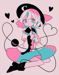 Rule 34 | 1girl, ahoge, arm at side, bad id, bad tumblr id, black footwear, blue eyes, boots, bow, buttons, chromatic aberration, closed mouth, daizu (melon-lemon), diamond button, eyeball, full body, hand up, hat, hat bow, hat ribbon, heart, heart of string, highres, komeiji koishi, limited palette, long sleeves, multicolored eyes, no nose, pink eyes, ribbon, shirt, short hair, simple background, skirt, solo, third eye, touhou, wide sleeves