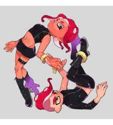 Rule 34 | 1boy, 1girl, bad id, bad pixiv id, boots, floating, full body, grey eyes, holding another&#039;s arm, ikaiiiiika, jacket, leather, leather jacket, looking at another, navel, nintendo, octoling player character, red hair, serious, short hair, splatoon (series), tentacle hair, yellow eyes, zipper