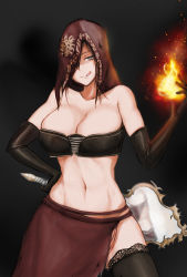 Rule 34 | 1girl, absurdres, bare shoulders, black gloves, black thighhighs, blue eyes, breasts, brown hair, cleavage, cowboy shot, dark souls (series), dark souls i, dark souls iii, desert sorceress, elbow gloves, fire, gloves, headdress, highres, holding, holding weapon, lace, lace-trimmed legwear, lace trim, large breasts, licking lips, long skirt, looking at viewer, midriff, navel, one eye covered, side slit, skirt, smile, solo, standing, syuleutella, thighhighs, thighs, tongue, tongue out, weapon