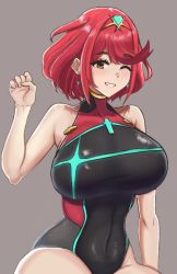 Rule 34 | 1girl, ;), bare arms, bare shoulders, black one-piece swimsuit, breasts, chest jewel, competition swimsuit, covered navel, curvy, desspie, earrings, grin, highres, huge breasts, jewelry, linea alba, looking at viewer, one-piece swimsuit, one eye closed, orange eyes, pyra (pro swimmer) (xenoblade), pyra (xenoblade), red hair, short hair, smile, solo, swept bangs, swimsuit, xenoblade chronicles (series), xenoblade chronicles 2
