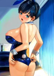 Rule 34 | 1girl, adjusting clothes, adjusting leotard, animal ears, ass, banned artist, bare shoulders, bed, black hairband, blue hair, blue leotard, blush, breasts, cowboy shot, curtains, detached collar, earrings, fake animal ears, fake tail, from behind, green eyes, hairband, highres, indoors, jewelry, large breasts, leotard, leotard pull, looking at viewer, looking back, nipple slip, nipples, open mouth, original, playboy bunny, poko (mammypoko), rabbit ears, rabbit tail, short hair, solo, strapless, strapless leotard, stud earrings, tail, wrist cuffs