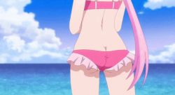 Rule 34 | 1girl, animated, animated gif, ass, back, bikini, blush, breasts, butt crack, cleavage, cleavage cutout, clothing cutout, collarbone, earrings, hair ribbon, hat, jewelry, kazairo kotone, large breasts, navel, ocean, open mouth, pink bikini, pink hair, ponytail, red ribbon, ribbon, rpg fudousan, sidelocks, stomach, swimsuit, thighs, underboob, yellow eyes