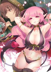 Rule 34 | 1boy, 1girl, armpits, arms behind head, bikini, black bikini, blush, breasts, chain, choker, demon girl, demon horns, demon tail, demon wings, highres, hood, horns, kurimochi chizuru, large breasts, long hair, looking at viewer, navel, original, parted lips, pink eyes, pink hair, pointy ears, pubic tattoo, revealing clothes, smile, stomach, swimsuit, tail, tail mouth, tattoo, thigh gap, thighhighs, very long hair, wings