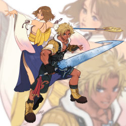 Rule 34 | 00s, 1boy, 1girl, asymmetrical clothes, back-to-back, bare pectorals, blonde hair, blue eyes, blue hakama, boots, bow, brown hair, dark-skinned male, dark skin, detached sleeves, final fantasy, final fantasy x, fingerless gloves, gloves, hakama, hakama skirt, japanese clothes, necktie, obi, pectorals, sash, seeso2d, short hair, shorts, skirt, staff, sword, tan, tidus, weapon, wide sleeves, yuna, yuna (ff10), zoom layer