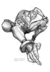Rule 34 | 1boy, bad id, bad twitter id, bald, character name, full body, graphite (medium), greyscale, highres, jumping, long nose, male focus, monochrome, muscular, necro (street fighter), solo, street fighter, street fighter iii (series), tattoo, traditional media, white background, yoshihara motoki