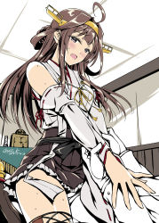 Rule 34 | 1boy, 1girl, admiral (kancolle), ahoge, arm grab, bad id, bad pixiv id, bare shoulders, blush, boots, breasts, brown eyes, brown hair, cowgirl position, dated, desk, detached sleeves, girl on top, gloves, hairband, headgear, highres, implied sex, indoors, jacket, japanese clothes, kantai collection, kimono, kobayashi chisato, kongou (kancolle), long hair, looking at viewer, nontraditional miko, open mouth, pants, ribbon-trimmed sleeves, ribbon trim, sidelocks, signature, sitting, skirt, straddling, sweat, thigh boots, thighhighs, white gloves, white jacket, white kimono, white pants