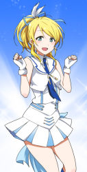Rule 34 | 10s, 1girl, :d, ayase eli, blonde hair, blue necktie, clenched hands, earrings, feather hair ornament, feathers, fingerless gloves, gloves, green eyes, hair ornament, hair ribbon, jewelry, kidachi, looking at viewer, love live!, love live! school idol project, necktie, open mouth, ponytail, ribbon, sailor collar, smile, solo, vest, white gloves, wonderful rush