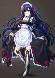 Rule 34 | 1girl, apron, armor, armored boots, black dress, blue hair, blush, boots, closed mouth, commentary, dress, english commentary, full body, grey background, grey footwear, knee boots, long hair, long sleeves, looking at viewer, maid, maid apron, maid headdress, armored boots, original, purple eyes, simple background, solo, standing, standing on one leg, tonee, very long hair, waist apron, white apron