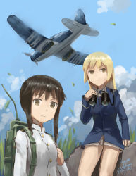 Rule 34 | 2girls, aircraft, airplane, artist name, binoculars, blonde hair, brown eyes, brown hair, cloud, dated, day, field radio, highres, kanokoga, long hair, looking at viewer, marian e. carl, military, military uniform, multiple girls, noble witches, radio, short hair, sidelocks, sky, smile, strike witches, strike witches: kurenai no majo-tachi, takei junko, they&#039;re not panties, uniform, world witches series, yellow eyes