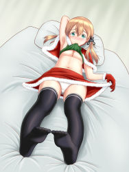 Rule 34 | 1girl, anchor hair ornament, arm behind head, arm up, armpits, bed, black thighhighs, blonde hair, blush, breasts, capelet, christmas, cleavage, clothes lift, commentary request, double horizontal stripe, doutanuki, fur-trimmed capelet, fur-trimmed skirt, fur trim, gloves, green eyes, green shirt, hair ornament, highres, kantai collection, lifted by self, looking at viewer, lying, medium breasts, miniskirt, mouth hold, navel, on back, on bed, panties, pantyshot, pillow, prinz eugen (kancolle), red capelet, red gloves, red skirt, santa costume, santa gloves, shirt, shirt lift, skirt, skirt lift, solo, thighhighs, twintails, underwear, white panties