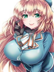 Rule 34 | 1girl, 8931ponzu, ascot, atago (kancolle), beret, black gloves, blonde hair, blue hat, breasts, gloves, green eyes, hat, kantai collection, large breasts, lips, long hair, looking at viewer, military, military uniform, signature, simple background, smile, solo, uniform, upper body, white background