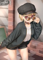 Rule 34 | 1girl, adjusting eyewear, adjusting glasses, black-framed eyewear, black choker, black hat, black jacket, black shorts, blonde hair, blurry, blurry background, blush, breasts, brick wall, brown-tinted eyewear, cabbie hat, cafe, choker, collarbone, commentary request, cowboy shot, day, depth of field, fang, frown, glasses, hand on eyewear, hand up, hat, highres, jacket, leaning forward, legs apart, long sleeves, looking over eyewear, looking over glasses, open clothes, open jacket, original, parted lips, red eyes, reinama, shirt, shirt tucked in, short hair, short shorts, shorts, sidelocks, sign, sleeves past wrists, small breasts, solo, standing, sunglasses, sweatdrop, thighs, tinted eyewear, v-shaped eyebrows, white shirt, wing collar