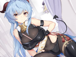Rule 34 | 2girls, absurdres, ahoge, alternate costume, bare shoulders, bell, between breasts, black bodysuit, blue hair, blush, bodysuit, grabbing another&#039;s breast, breasts, brown hair, cleavage, cleavage cutout, clothing cutout, covered navel, cowbell, curtains, demon tail, drinking straw, ganyu (genshin impact), genshin impact, gloves, goat horns, grabbing, grabbing own breast, half-closed eyes, hat, hiding, highres, hip vent, horns, jiangshi, kuroida, large breasts, latex, latex bodysuit, looking at viewer, midriff, multiple girls, parted lips, peeking out, purple hair, qiqi (genshin impact), sleeveless, tail, thighhighs, window