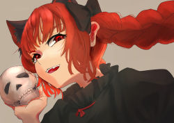 Rule 34 | 1girl, :d, absurdres, braid, floating hair, grey background, hand up, highres, holding, holding skull, k luzon, kaenbyou rin, long hair, looking at viewer, open mouth, red eyes, red hair, simple background, skull, smile, solo, touhou, twin braids, twintails, upper body