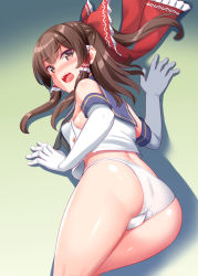 Rule 34 | 1girl, ass, bow, brown eyes, brown hair, cosplay, elbow gloves, gloves, hair bow, hair tubes, hakurei reimu, kantai collection, looking at viewer, looking back, lying, midriff, open mouth, panties, red bow, shimakaze (kancolle), shimakaze (kancolle) (cosplay), short hair, solo, thighs, tokyo yamane, touhou, underwear, white gloves, white panties