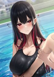 Rule 34 | 1boy, 1girl, ?, absurdres, amane sora, bare shoulders, black hair, black one-piece swimsuit, blurry, breasts, cleavage, collarbone, colored inner hair, commentary request, competition swimsuit, day, depth of field, heart, heart-shaped pupils, highres, large breasts, looking at viewer, mole, mole under mouth, multicolored hair, one-piece swimsuit, original, outdoors, partially submerged, red eyes, red hair, solo focus, swimsuit, symbol-shaped pupils, two-tone hair, upper body, water