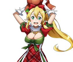 Rule 34 | 1girl, :d, arms up, blonde hair, bow, braid, breasts, cleavage, elbow gloves, floating hair, gloves, green eyes, hair between eyes, hair bow, large breasts, leafa, long hair, looking at viewer, open mouth, pointy ears, red bow, shiny skin, smile, solo, standing, sword art online, transparent background, twin braids, upper body, very long hair, white gloves