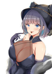 Rule 34 | 1girl, animal ears, azur lane, bare shoulders, black headwear, blue eyes, blue hair, breasts, cheshire (azur lane), cheshire (cait sith crooner) (azur lane), china dress, chinese clothes, cleavage, dress, elbow gloves, fake animal ears, feather boa, gloves, highres, large breasts, looking at viewer, multicolored hair, official alternate costume, purple dress, purple gloves, purple hair, see-through, see-through cleavage, short hair, simple background, skin tight, sleeveless, sleeveless dress, solo, streaked hair, theos, two-tone hair, upper body, valentine, white background