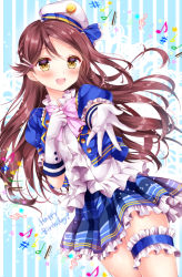Rule 34 | 10s, 1girl, blue background, blue jacket, blue skirt, blush, bow, bowtie, bridal garter, brown eyes, brown hair, buttons, cowboy shot, cropped jacket, dress, dutch angle, frilled shirt, frilled skirt, frills, gloves, hair ornament, hairclip, hand on own chest, happy birthday, hat, jacket, long hair, looking at viewer, love live!, love live! school idol festival, love live! sunshine!!, musical note, nogi takayoshi, open mouth, outstretched arm, peaked cap, pink bow, pink bowtie, puffy short sleeves, puffy sleeves, sakurauchi riko, shirt, short sleeves, skirt, smile, solo, striped, striped background, swept bangs, two-tone background, vertical stripes, white background, white gloves, white hat, white shirt, yellow eyes