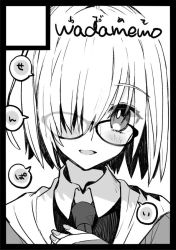 Rule 34 | 1girl, blush, commentary request, fate/grand order, fate (series), fingernails, glasses, greyscale, hair over one eye, hand on own chest, head tilt, hood, hoodie, looking at viewer, mash kyrielight, monochrome, necktie, short hair, sleeves past wrists, solo, upper body, wada arco, wing collar