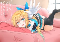 Rule 34 | 1girl, :d, absurdres, armpit peek, bare shoulders, black skirt, black thighhighs, blonde hair, blue eyes, blue flower, blue ribbon, blue rose, blush, breasts, cleavage, commentary request, couch, crop top, curtains, detached collar, elbow gloves, flower, foreshortening, garter straps, gloves, grabbing own breast, hair between eyes, hair ribbon, highres, large breasts, long hair, looking at viewer, lying, miniskirt, mirai akari, mirai akari project, namikawa kuroha, neck ribbon, on couch, on side, open mouth, outstretched arm, pillow, pleated skirt, reaching, reaching towards viewer, ribbon, rose, shirt, side ponytail, sidelocks, signature, single thighhigh, skirt, sleeveless, sleeveless shirt, smile, solo, teeth, thighhighs, translation request, twitter username, virtual youtuber, white gloves, window