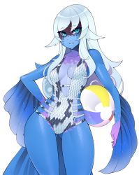 Rule 34 | 1girl, ball, beachball, blue hair, blue skin, colored sclera, colored skin, commentary, cowboy shot, english commentary, fins, gluteal fold, hair flaps, halphelt, hand on own hip, long hair, looking at viewer, multicolored skin, one-piece swimsuit, original, parted lips, purple sclera, purple skin, simple background, solo, swimsuit, white background