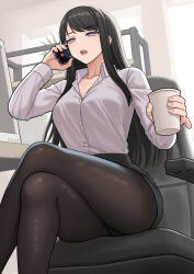 Rule 34 | 1girl, absurdres, black hair, black pantyhose, black skirt, blue eyes, cellphone, chair, collared shirt, commentary request, crossed legs, cup, hand up, highres, holding, holding cup, holding phone, indoors, long hair, long sleeves, office chair, office lady, on chair, open mouth, original, pantyhose, pencil skirt, phone, shirt, sitting, skirt, smartphone, solo, straight hair, swivel chair, temakizushi (temakizushisand), white shirt