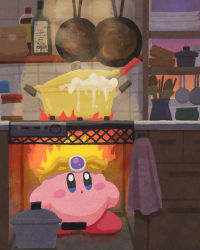 Rule 34 | boiling, bottle, cooking, cooking pot, evening, fire, fire kirby, frying pan, highres, indoors, jar, kirby, kirby (series), kitchen, miclot, nintendo, shelf, spilling, steam, stove, towel, utensil, window