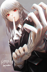 Rule 34 | 1girl, absurdres, black necktie, black suit, braid, commission, fingernails, foreshortening, formal, glove pull, gloves, grey hair, hatching (texture), highres, long hair, mouth hold, nail polish, necktie, original, red eyes, red nails, savuxan, signature, solo, suit, teeth hold, upper body, white gloves
