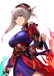 Rule 34 | 1girl, asymmetrical hair, bare shoulders, blue eyes, blue kimono, breasts, closed mouth, dual wielding, earrings, fate/grand order, fate (series), hair ornament, highres, holding, japanese clothes, jewelry, karlwolf, katana, kimono, large breasts, long hair, looking at viewer, magatama, miyamoto musashi (fate), miyamoto musashi (second ascension) (fate), obi, pink hair, ponytail, sash, short kimono, simple background, smile, solo, sword, weapon, white background