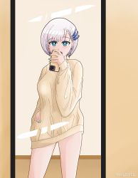 Rule 34 | 1girl, absurdres, bangsat3d, breasts, gluteal fold, green eyes, highres, hololive, hololive indonesia, nail polish, no panties, oversized clothes, pavolia reine, purple hair, selfie, short hair, standing, thigh gap, thighs, virtual youtuber