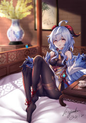 Rule 34 | ahoge, bare shoulders, bed, bell, black gloves, black pantyhose, blue hair, blush, bodystocking, bodysuit, breasts, bug, butterfly, chinese knot, cup, curled horns, detached sleeves, flower knot, ganyu (genshin impact), genshin impact, gloves, gold trim, highres, horns, indoors, insect, kirituka yuuka, legs up, long hair, looking at viewer, medium breasts, multicolored eyes, neck bell, no shoes, pantyhose, qiqi (genshin impact), sidelocks, signature, smile, soles, solo, thighlet, vase, vision (genshin impact), white sleeves