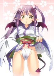 Rule 34 | 1girl, :o, angry, blush, blush stickers, clothes lift, cowboy shot, demon tail, demon wings, floral background, flower, fundoshi, green eyes, groin, hair ribbon, japanese clothes, kazuma (kazumav), kimono, kimono lift, long hair, looking at viewer, navel, obi, open mouth, pointy ears, purple hair, ribbon, sash, sengoku collection, side ponytail, simple background, solo, tail, tsukahara bokuden (sengoku collection), twintails, white background, wings, yellow eyes