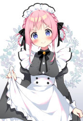 Rule 34 | 1girl, apron, black bow, black dress, blue eyes, blush, bow, braid, braided hair rings, breasts, closed mouth, commentary request, dress, floral background, frilled dress, frills, gradient background, grey background, hair bow, hair rings, juliet sleeves, long sleeves, looking at viewer, maid, maid headdress, medium breasts, original, pan (mimi), puffy sleeves, skirt hold, smile, solo, twin braids, v-shaped eyebrows, white apron, white background