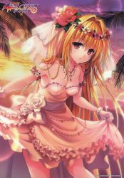 Rule 34 | 1girl, absurdres, armband, blonde hair, breasts, cleavage, clothes lift, collarbone, dress, dress lift, flower, frilled dress, frills, gloves, hair flower, hair ornament, highres, jewelry, konjiki no yami, long hair, looking at viewer, necklace, official art, palm tree, red eyes, sleeveless, small breasts, sunset, to love-ru, to love-ru darkness, tree, veil, white dress, white gloves, yabuki kentarou