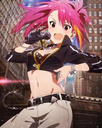 Rule 34 | &gt;:d, 10s, 1girl, :d, belt, bracelet, breasts, chain necklace, chain, cleavage, cropped jacket, highres, idolmaster, idolmaster million live!, jacket, jewelry, maihama ayumu, medium breasts, midriff, multicolored hair, navel, necklace, official art, open mouth, smile, solo, star necklace, streaked hair, track jacket, v-shaped eyebrows, waifu2x