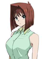 Rule 34 | 1girl, :/, bare shoulders, black eyes, breasts, brown hair, collared shirt, dress shirt, frown, green shirt, h2o (ddks2923), highres, large breasts, looking at viewer, mazaki anzu, shirt, short hair, simple background, solo, upper body, white background, yu-gi-oh!