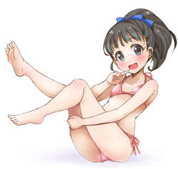 Rule 34 | 1girl, ass, barefoot, bikini, black hair, blue eyes, blush, breasts, feet, fukuyama mai, hand to own mouth, idolmaster, idolmaster cinderella girls, knee up, leaning back, legs, legs up, long hair, looking at viewer, open mouth, pink bikini, ponytail, ribbon, side-tie bikini bottom, simple background, sitting, small breasts, smile, soles, solo, swimsuit, thighs, toes, white background, xtw4csdj8vwbb7s